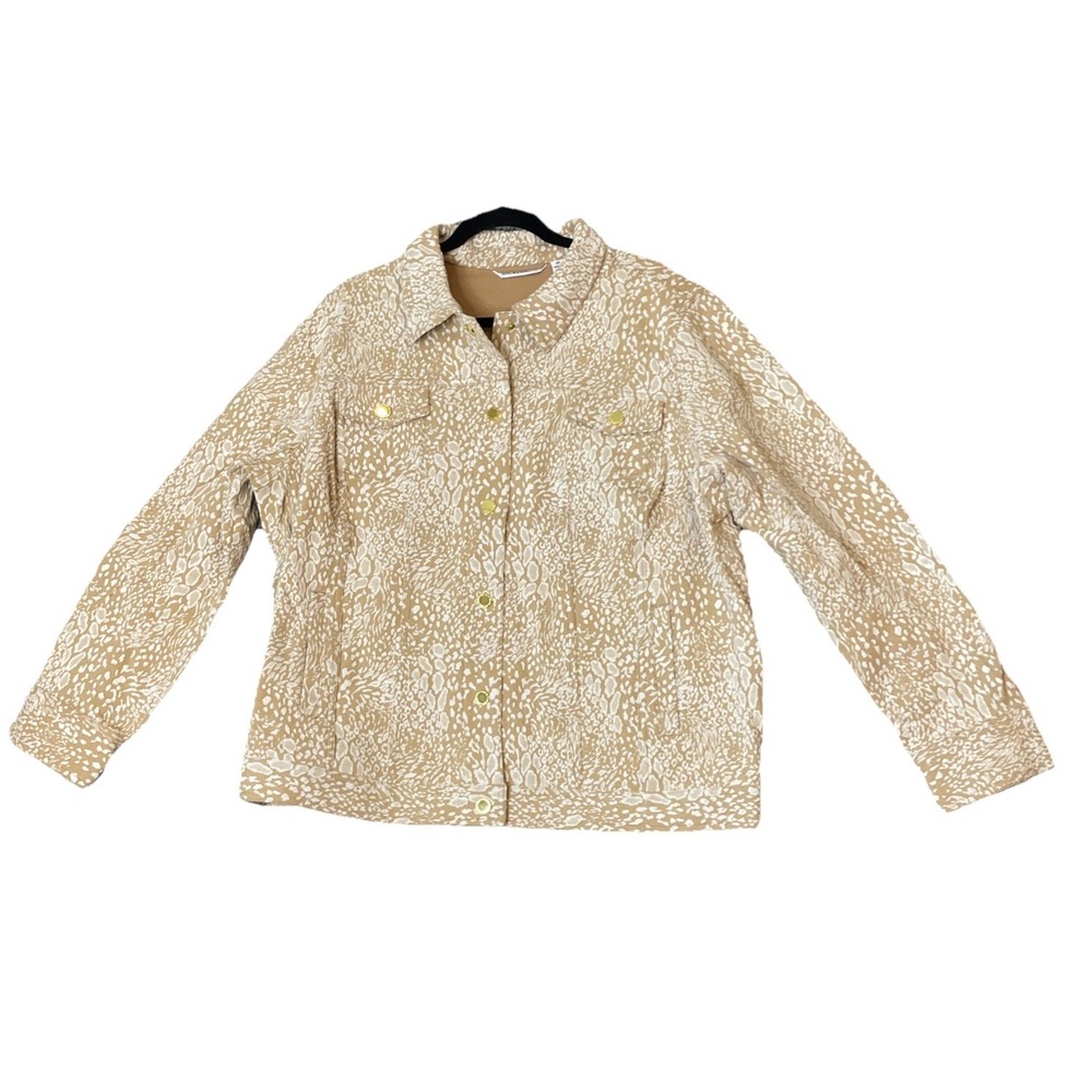Isaac Mizrahi Womens 3X Jacket Tan White Animal Print Button Front‎ Stretch Chic